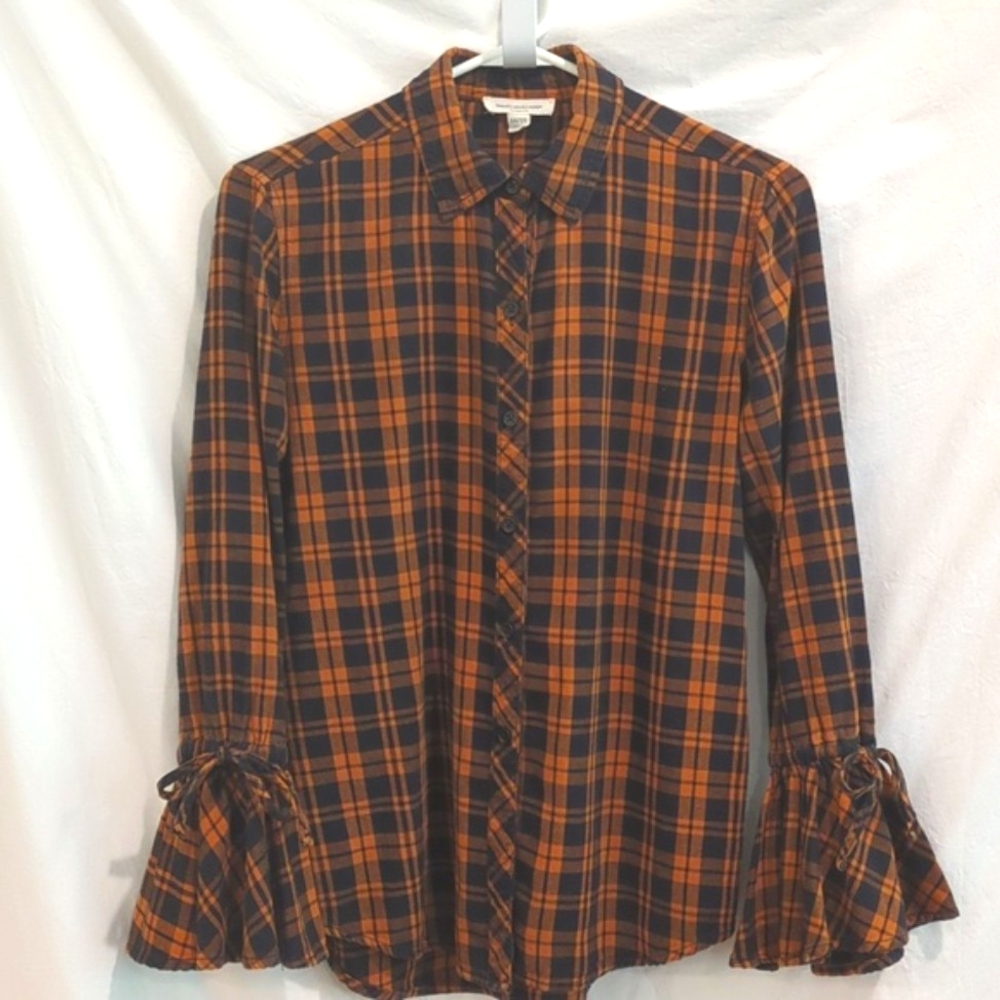BeachLunchLounge | Pumpkin Black Plaid Button Down Shirt Long Sleeve Ruffle | XS